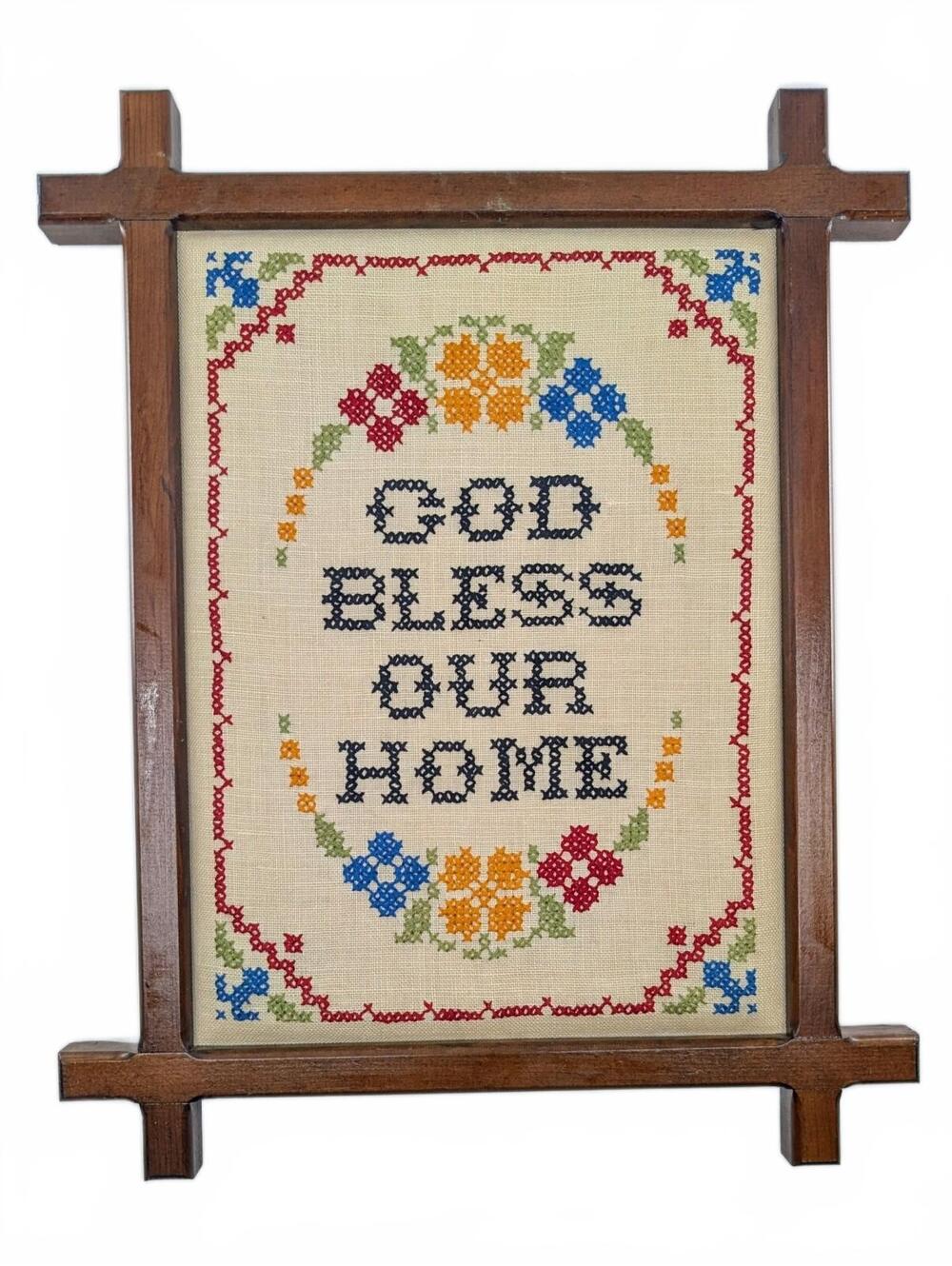 Vintage God Bless Our Home Completed Framed Cross Stitch Floral Sampler